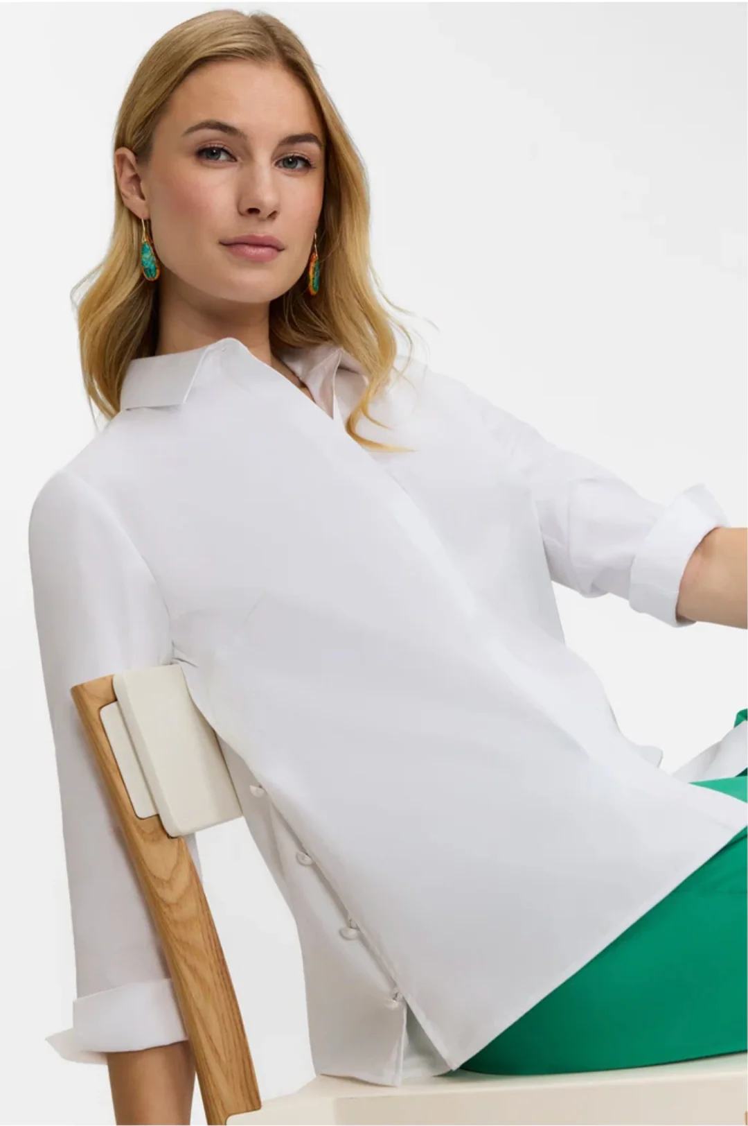 Beatrice Pearl Stretch Matte Sateen 3/4 Sleeve Shirt - White - Image 4