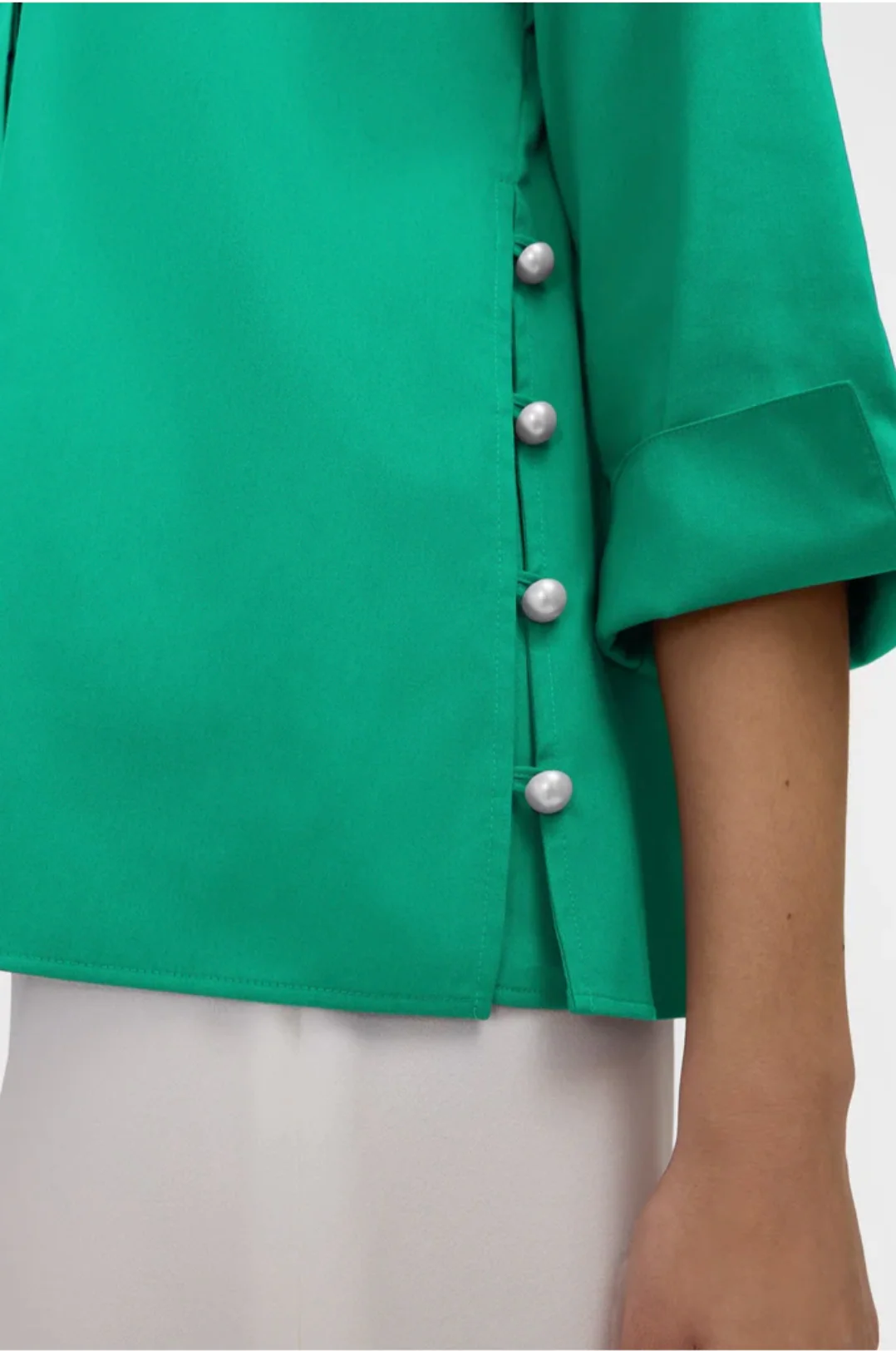 Beatrice Pearl Stretch Matte Sateen 3/4 Sleeve Shirt - Green - Image 2
