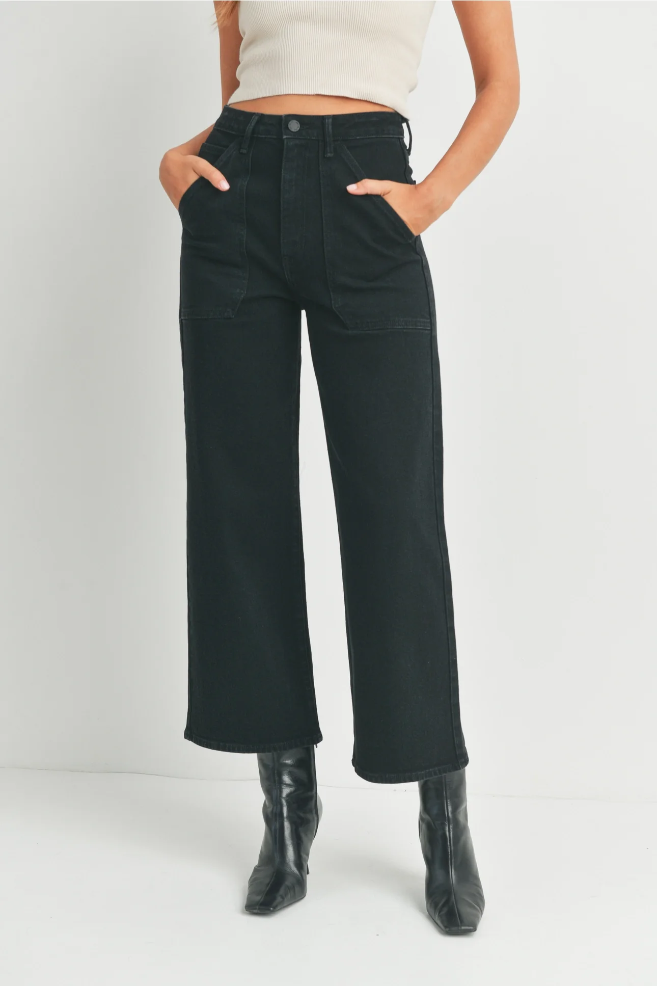 High Rise Cargo Pocket Wide Leg Denim - Black