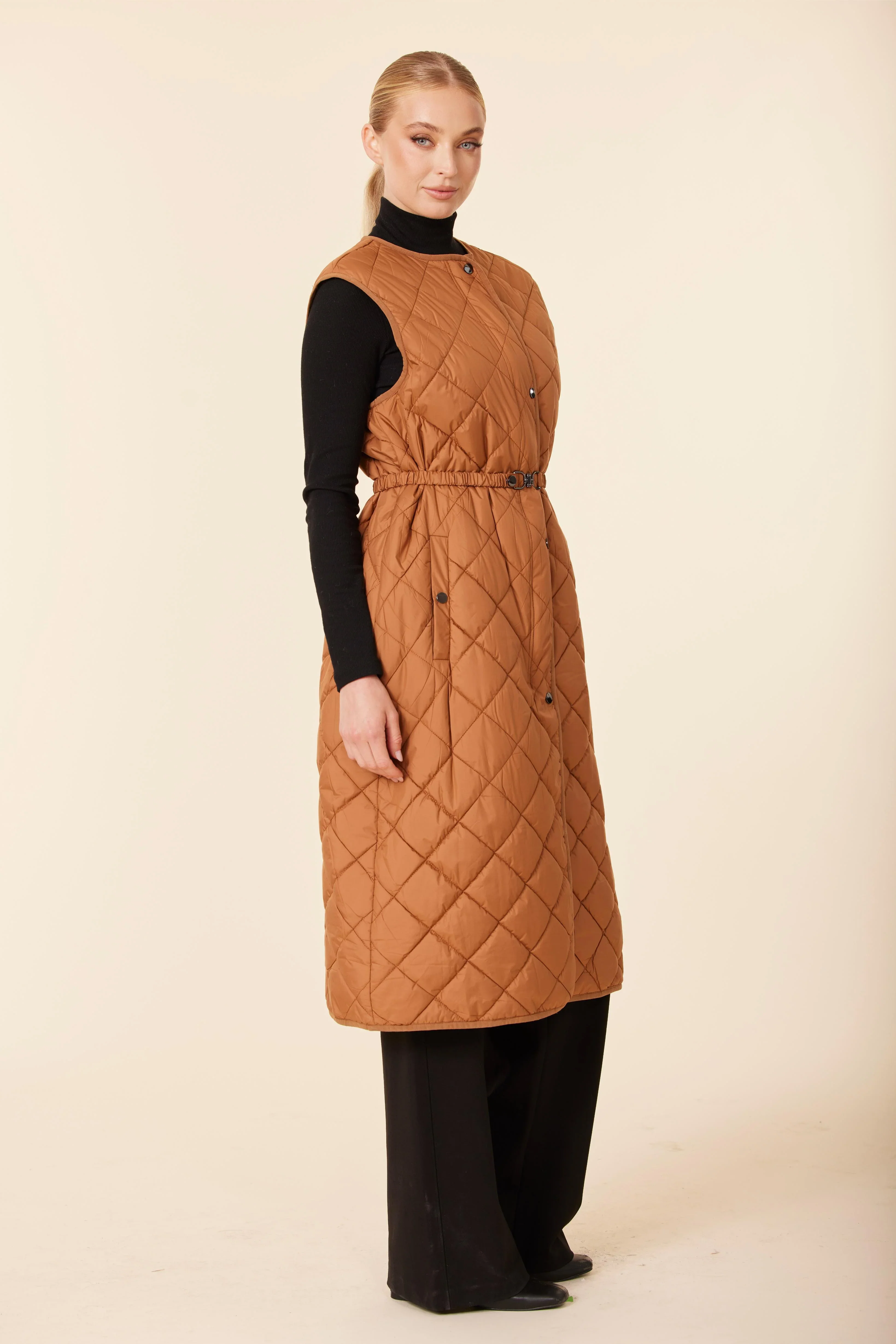 Quilted Nylon Long Vest - Burnt Orange - Image 4