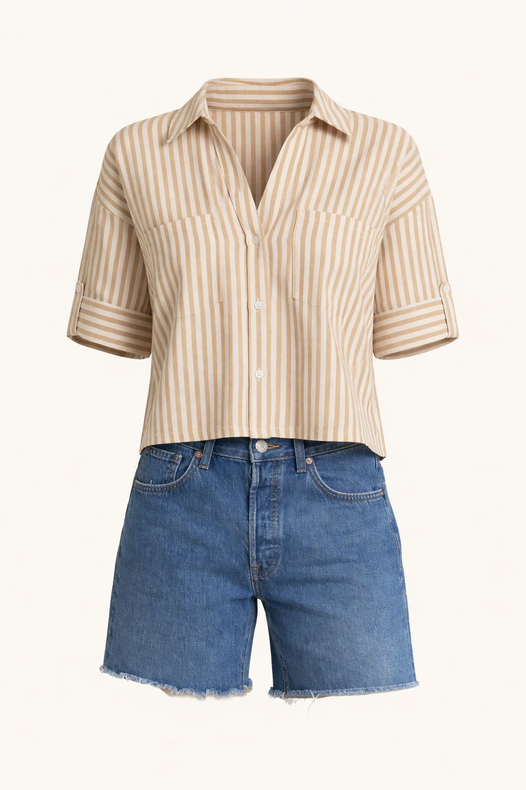 Stripe Collar Short Sleeve Shirt - Mocha