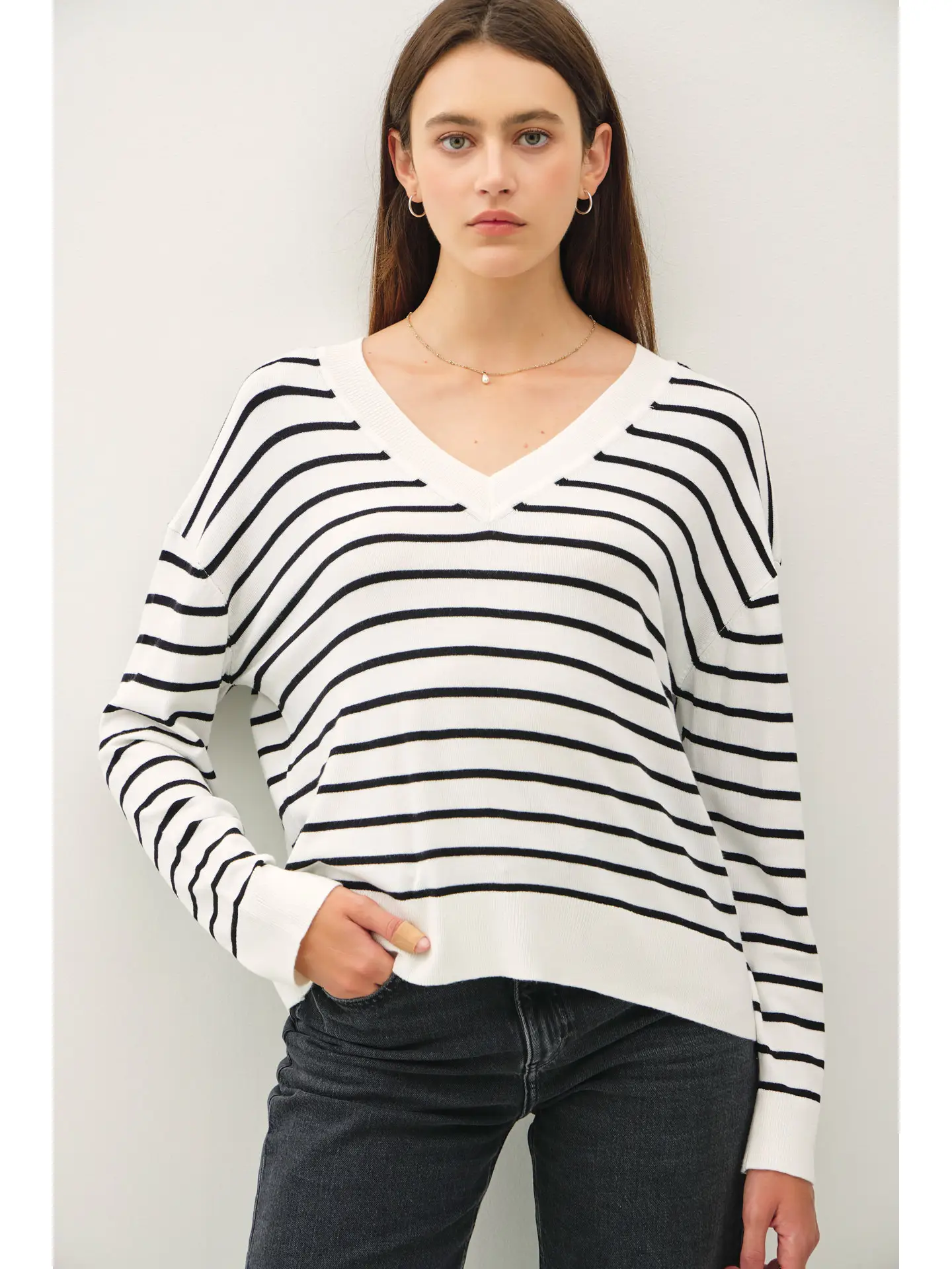 Striped V-Neck Lightweight Sweater - Three Colors - Image 2
