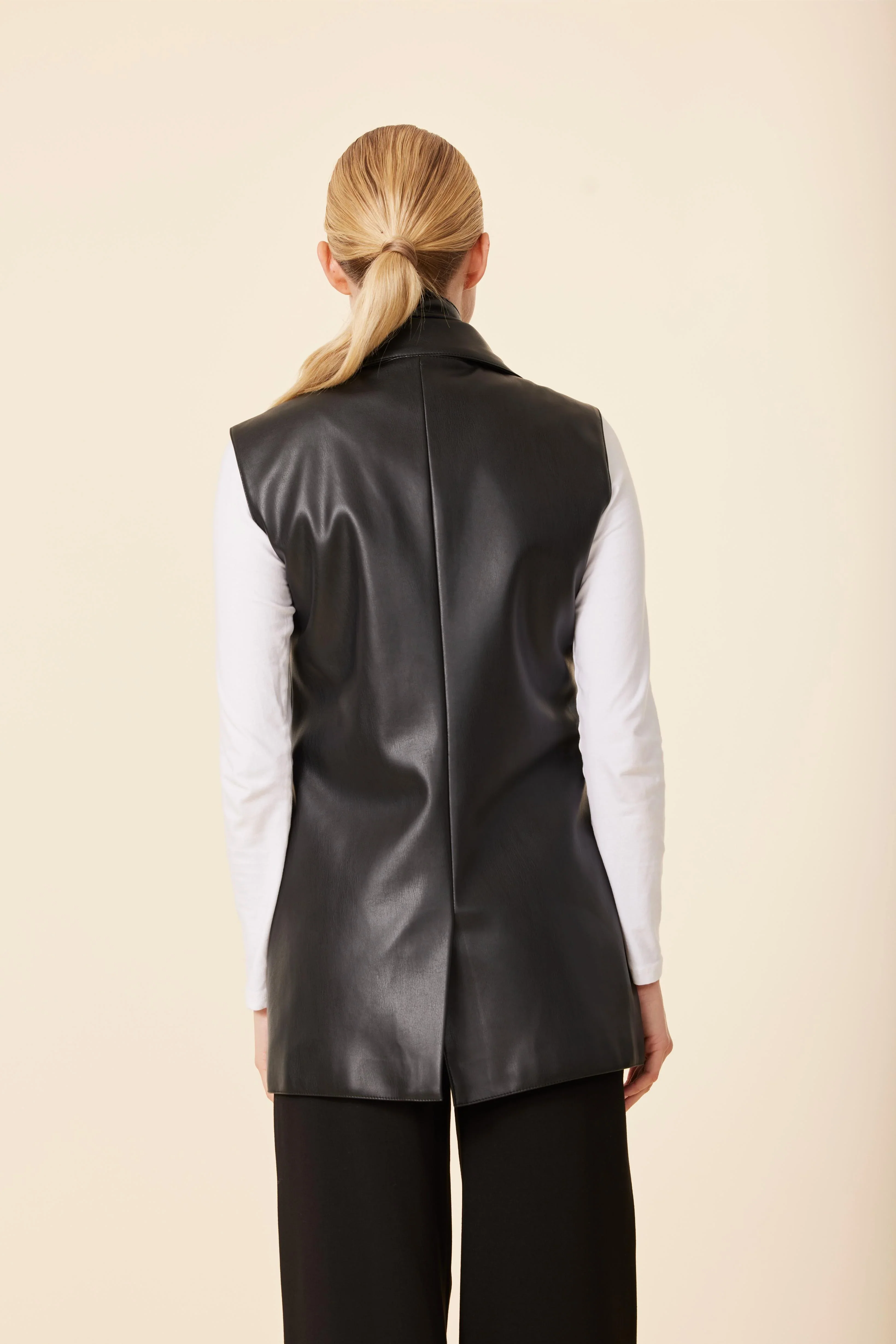 Vegan Leather Drape Vest - Black - Image 4