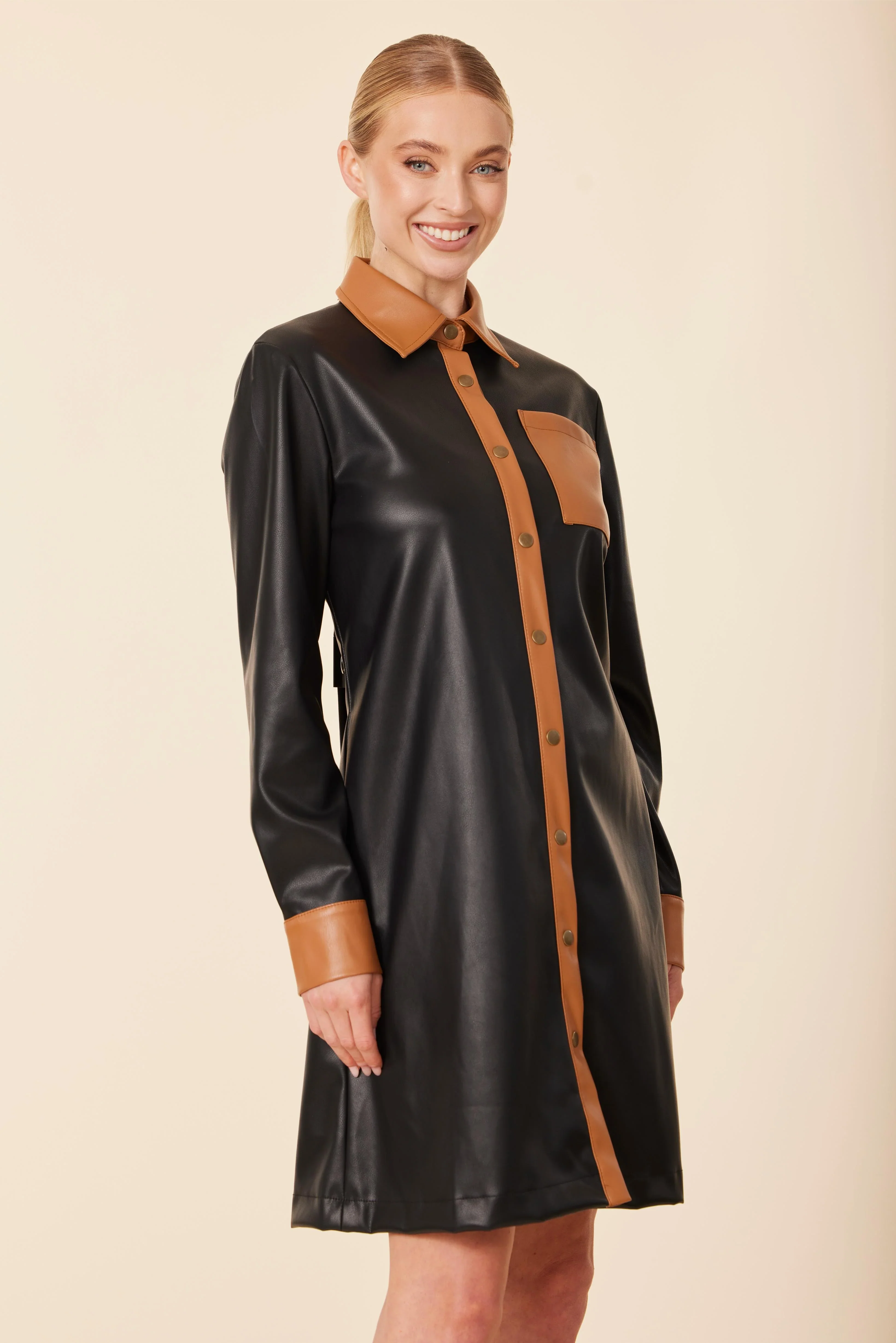 Vegan Long Sleeve Leather Dress - Black/Brown - Image 3